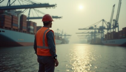 Maritime Worker Overseeing Container Ship Operations at Port with Cranes