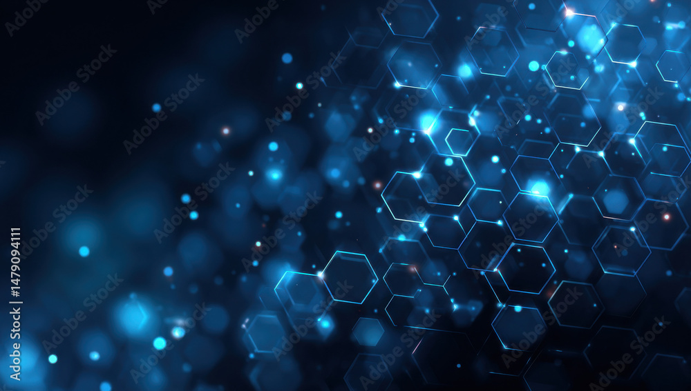 Poster Abstract digital network background with glowing blue hexagons and bokeh lights, ideal for technology, science, or connectivity concepts. : Generative AI