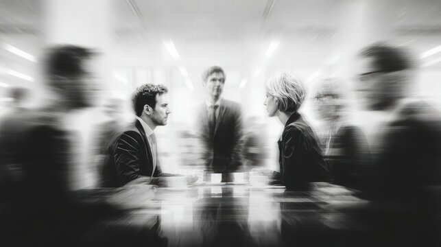 AI-generated office with blurred professionals in active discussion mode