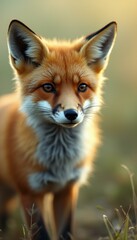 Fototapeta premium Close-up portrait of an alert red fox, captured in a natural habitat with focused gaze and detailed fur texture.