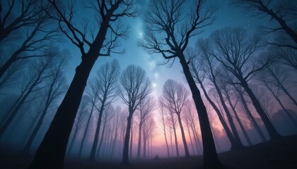 Fototapeta premium Ethereal woodland scene featuring tall trees silhouetted against a twilight sky with stars, creating a mystical and serene atmosphere.