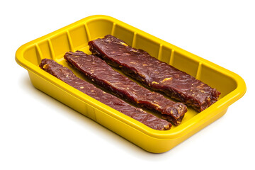 Raw sausages in yellow tray