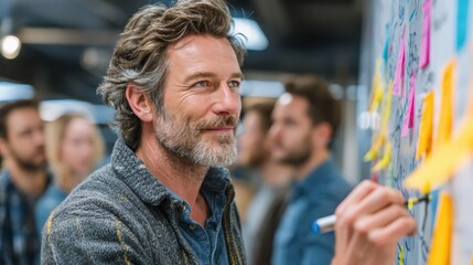 Professionals reviewing tasks and sharing insights near whiteboard