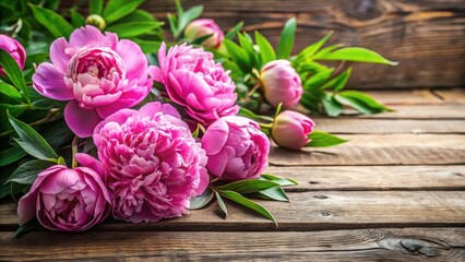 Obraz premium Delicate pink peonies blooming amidst lush green foliage on a rustic wooden table, floral decor, peonies