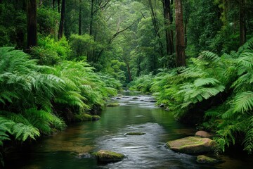 Obraz premium Lush Tasmania Creek forest thrives in vibrant rain during spring season, Evergreen lush forest of Tasmania Creek in rainforest