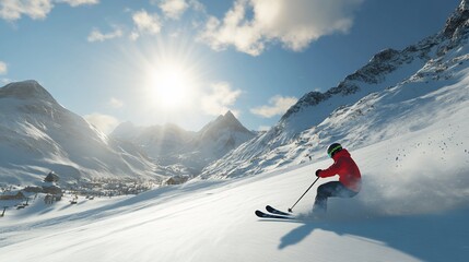 Skier carving snowy mountain slope