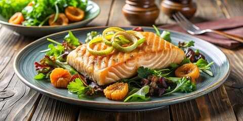 Grilled salmon on a elegant plate with mixed greens salad and crispy onion rings