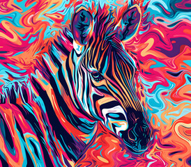 an abstract drawing of a zebra with colorful lines, precisionist lines, light red and indigo, colorful turbulence with mixed pattern colorful background