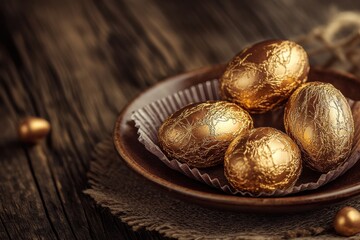Fototapeta premium Golden chocolate eggs in a ceramic plate, close-up view of rustic wooden background with vintage and festive decorations.