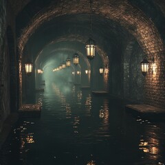 Narrow water-filled tunnel with stone arches and hanging lanterns reflecting in surface. Ivy drapes down over walls in dim lighting. Generative by AI.