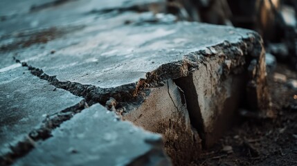 Close-up of a crumbling building foundation with cracks and weathered texture suggesting age, damage, or structural problems.