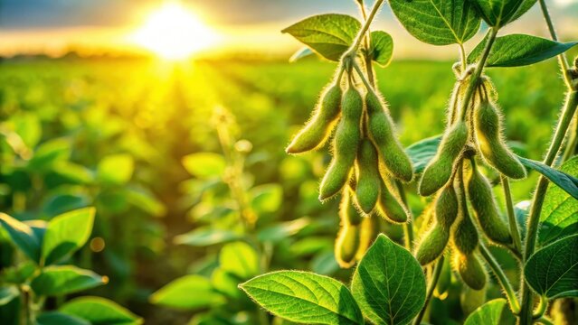 green soybean plants in a sunlit field with ripe pods hanging amidst lush foliage showcasing agricultural growth and harvest potential, farming products, agricultural growth
