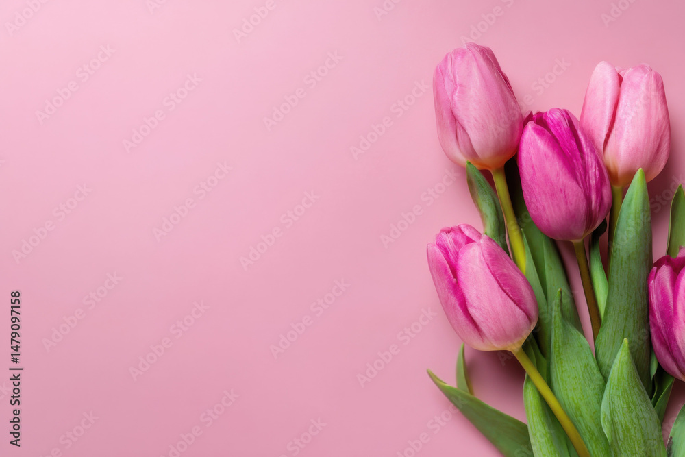 Aufkleber photo of a pink background with tulips on the left side for mother's day, flat lay. web banner with 