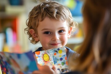 Smiling Child Presents Handmade Card to Blurred Adult Figure Indoors