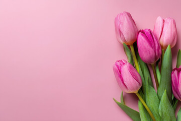 Fototapeta premium Photo of a pink background with tulips on the left side for Mother's Day, flat lay. Web banner with copy space on the right. --ar 3:2 --raw --v 7 Job ID: e2c40e0d-d831-4001-bab3-0cf9bd8bb752