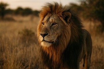 Majestic lion in African savanna.
