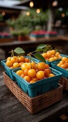 Naklejka premium Fresh yellow cherries in blue containers at farmers market