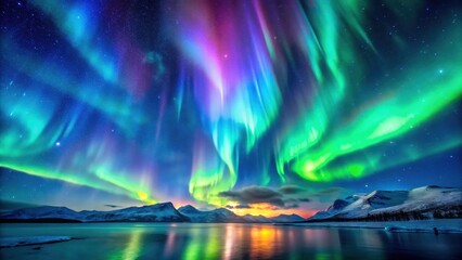 Vibrant multicolor aurora borealis display above starry night sky with swirling clouds of emerald green and sapphire blue, yellow