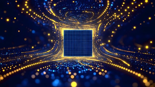 An AI - generated image featuring a central square grid surrounded by a swirling, radiant pattern of blue and golden particles, creating a high - tech, futuristic vibe. 