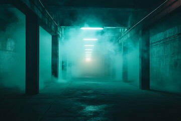 Atmospheric concrete hallway lit with teal lights and evocative mist creating mystery