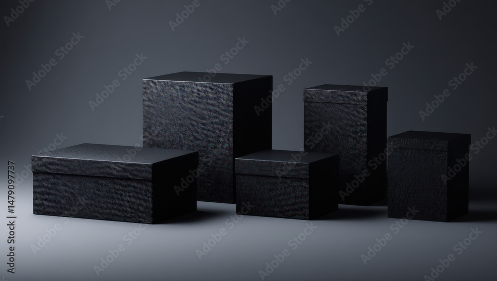 Poster Five black textured boxes of varying sizes arranged on a dark gray surface, creating a minimalist and elegant display ideal for product presentations or luxury branding. : Generative AI