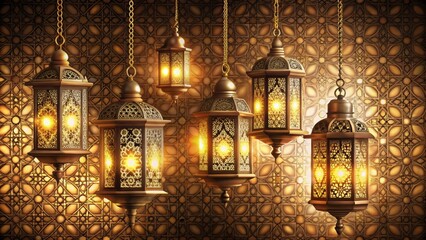 Obraz premium Traditional Lanterns and Arabic Pattern Background with elegant golden lights, Mosaic Art