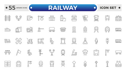 Railway industry outline icons set. Railroad company. Rail transport. Train station. Customizable thin line symbols. Editable stroke outline icon.
