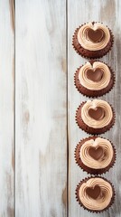 Fototapeta premium Row of Chocolate Heart Cupcakes on Rustic White Wood Tabletop Overhead Valentine's Day Sweet Treats Bakery