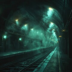 Long railway track extends through misty tunnel with green overhead lights. Dark walls and smoke obscure vanishing point. Generative by AI.