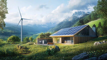 Obraz premium rural home in the mountains with solar panels