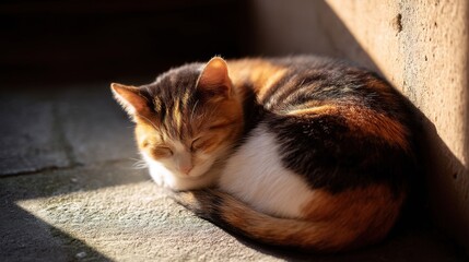 Fototapeta premium Beautiful Calico Cat Relaxing in Sunlight on Warm Stone Surface