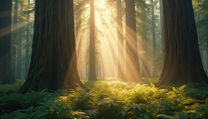 Naklejka premium Sunbeams filter through a lush forest of towering trees, illuminating a fern covered forest floor with a warm glow.