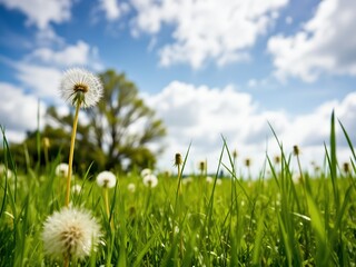 Spring Meadow Dandelions - Fresh Grass and Blue Sky