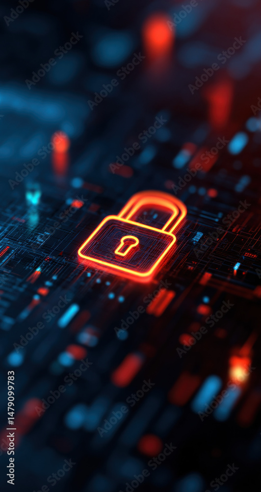 Aufkleber Cybersecurity concept: glowing orange padlock icon on a dark blue and red circuit board, representing digital security and data protection. : Generative AI