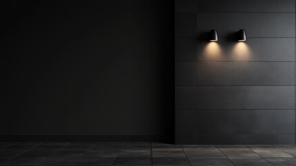 Dark Interior Wall with Sconces Casting Warm Light in Modern Minimalist Style Empty Room for Background or Mockup