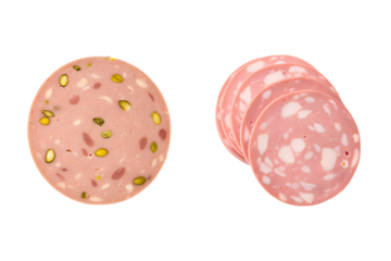 Two Types of Mortadella Slices Isolated on a Neutral Background transparent background Generative AI