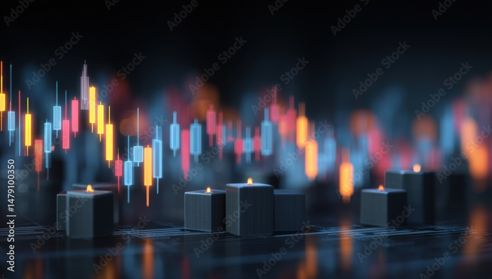 Leinwandbilder candlestick chart patterns and glowing cubes represent financial market trends, illustrating investm
