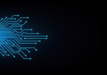 A glowing blue circuit board pattern against a dark background suggests modern technology