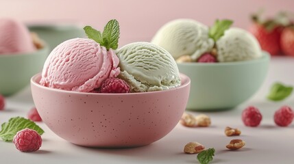Colorful gourmet ice cream scoops in elegant bowls on a pastel background, styled with fresh toppings and shot in high resolution with a clean, modern aesthetic.