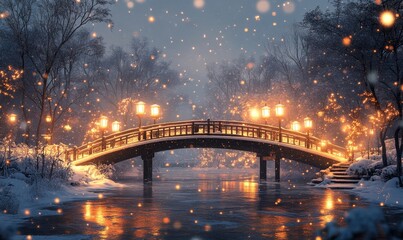 artistic depiction of a snow globe with a cozy village inside, surrounded by swirling snowflakes and a glowing light, Generative AI