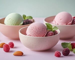 Colorful gourmet ice cream scoops in elegant bowls on a pastel background, styled with fresh toppings and shot in high resolution with a clean, modern aesthetic.