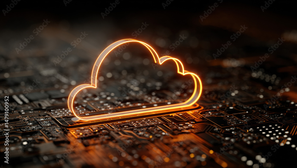 Poster Glowing cloud computing symbol on a circuit board, representing digital data storage and network infrastructure.  The orange neon cloud icon contrasts against the dark tech background. : Generative AI