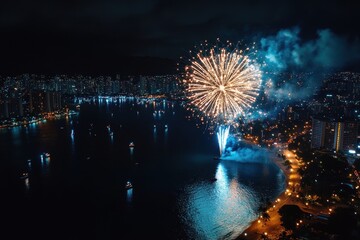 Stunning aerial view of fireworks illuminating Honolulu Harbor at night, Drone shot high above aerial fireworks in Honolulu, Hawaii