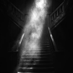 Curved staircase with carved railing ascends in dark hall lit by soft light beams. Smoke and shadows fill atmospheric scene. Generative by AI.