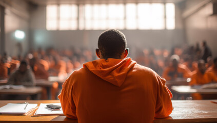 A lone inmate in an orange jumpsuit sits at a table, facing away from the camera, in a large room filled with other inmates. : Generative AI