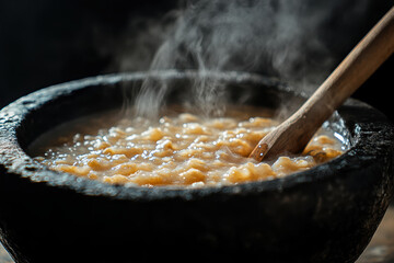 Freshly cooked porridge steaming in a stone bowl