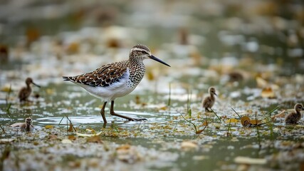 Young Wood Sandpiper in Rainy Wetland