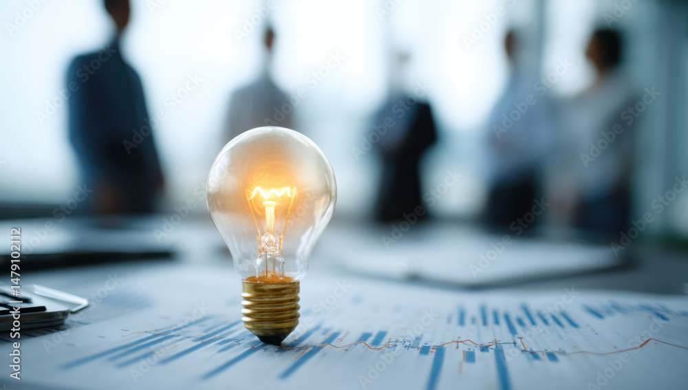 Poster a bright light bulb rests on financial charts, symbolizing innovative solutions and successful busin