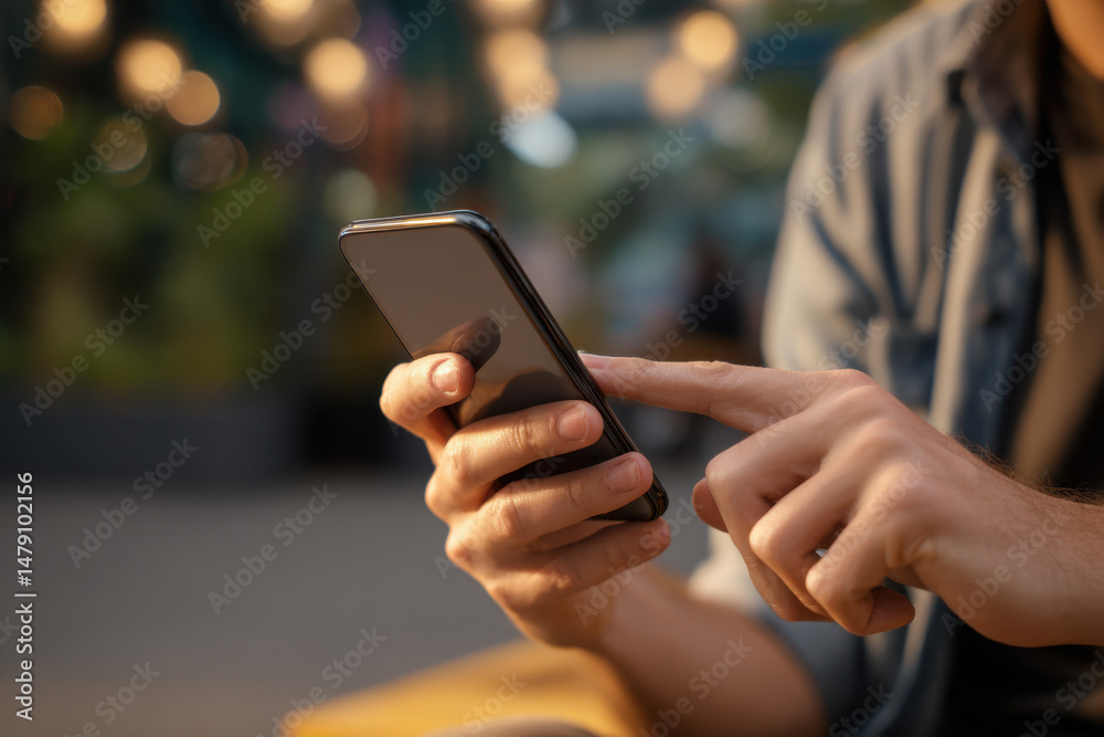Poster close-up view of a person's hands using a smartphone outdoors, fingers interacting with the screen, 