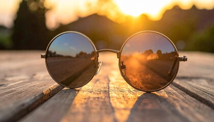 Round Sunglasses Reflecting Sunset on Wooden Table.